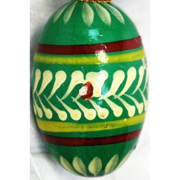 Polish Wooden Egg Ornament Painted Green Red Yellow Designs Christmas Holiday - Picture 9 of 11